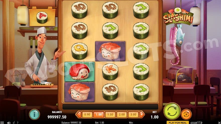 Three reels with sushi symbols in a sushi restaurant.