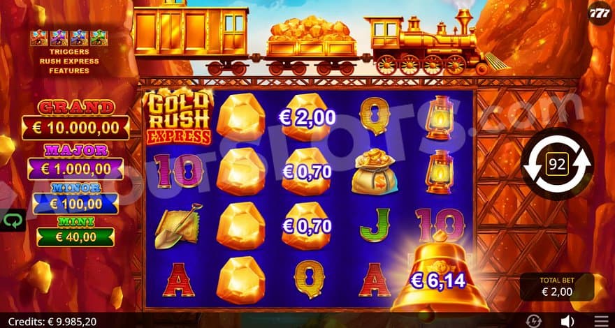 The Bell Symbol on the fifth reel is collecting the cash prizes from seven Rush Express Symbols.