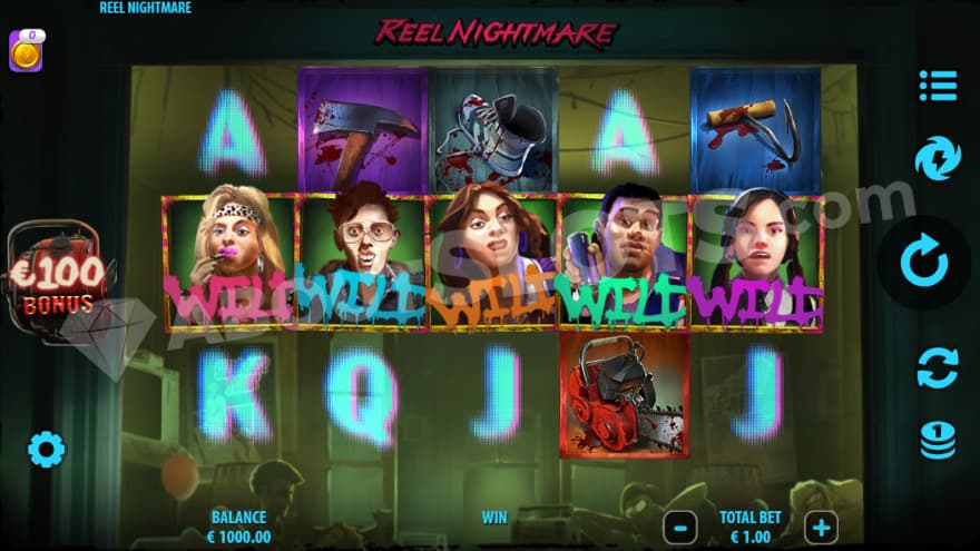 Base game with five wild symbols on the reels.