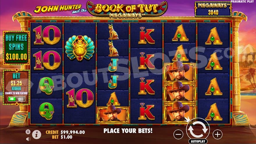 Six casino slot reels with changing number of rows in the Egyptian desert. 