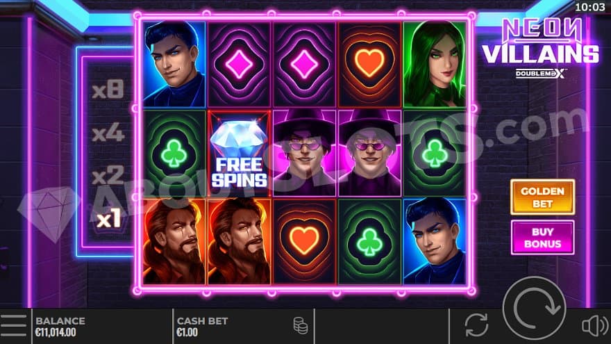 A dark room with the 5 reels framed by neon lights. 