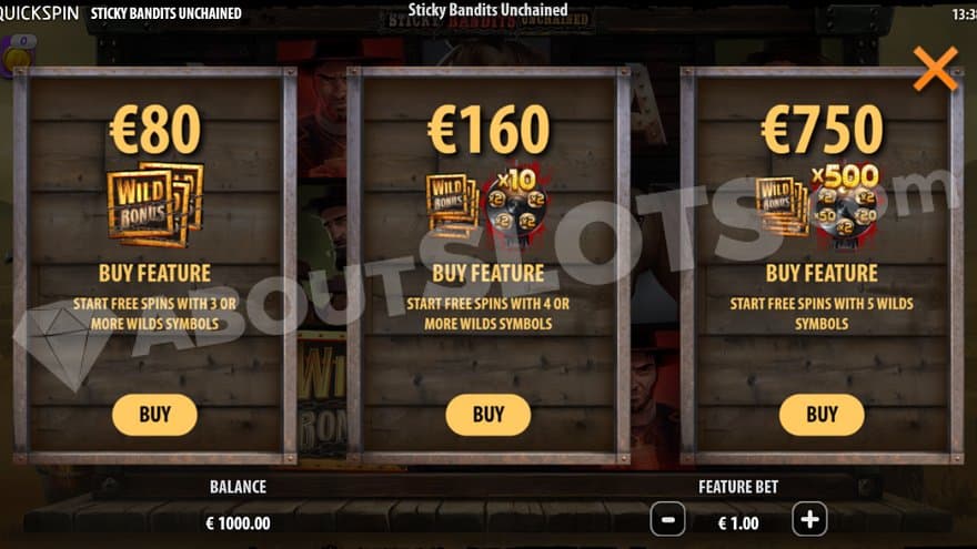 A menu offering the Free Spins features for 80X, 160X and 750X the bet.