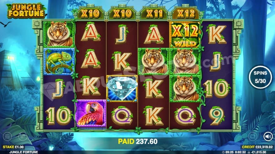 The wild multiplier free spins, where a big Mayan temple can be seen on the left.