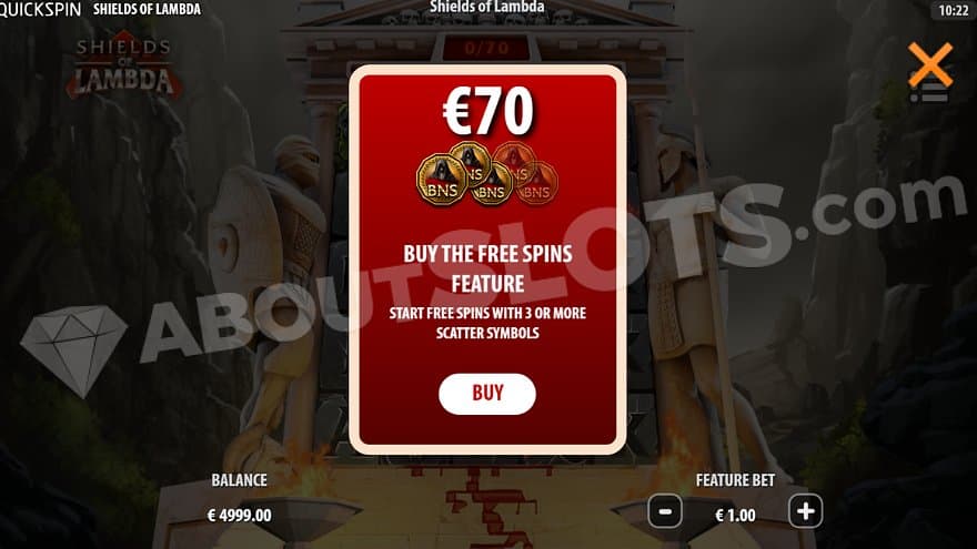 A screen offering the Free Spins for €70.