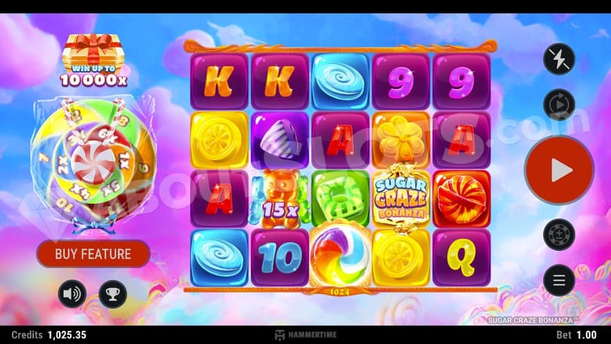 Five reels with cady symbols with a background of a sky and clouds.