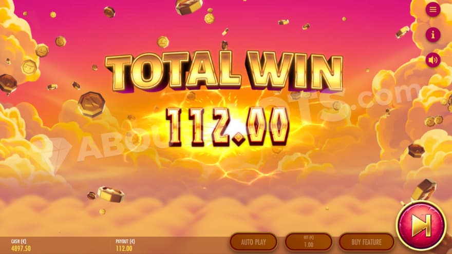 A big total win of €112 was created during the bonus game.