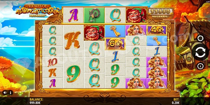 A nature landscape with orange and yellow autumn colors and a small house to the right of the game's reels.