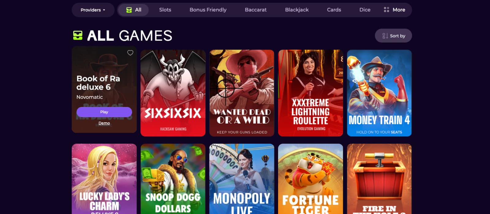 0x.bet Casino games page displaying popular titles like Book of Ra Deluxe 6, Wanted Dead or a Wild, and XXXtreme Lightning Roulette, with filters for providers and game categories