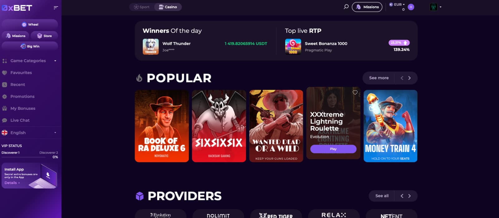0x.bet Casino landing page featuring the main interface with game recommendations, recent winners, and access to live missions, promotions, and support tools.