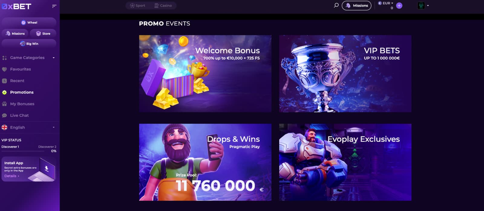 0x.bet Casino promotions page highlighting active bonuses including the welcome package, VIP bets, Pragmatic Play Drops & Wins, and exclusive offers from Evoplay.