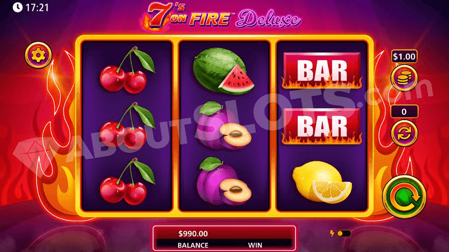 Grid of 7's on Fire slot with spinning reels and a colorful background with flames.