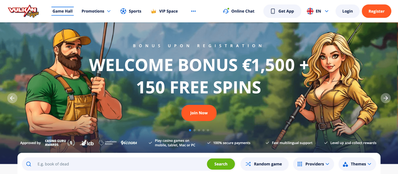 Vulkn Vegas home page with Welcome Bonus