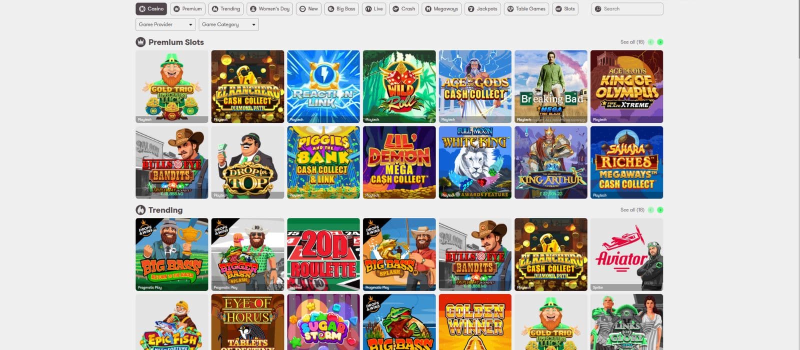 10Bet Casino games page showing a selection of premium slots and the different game categories. 
