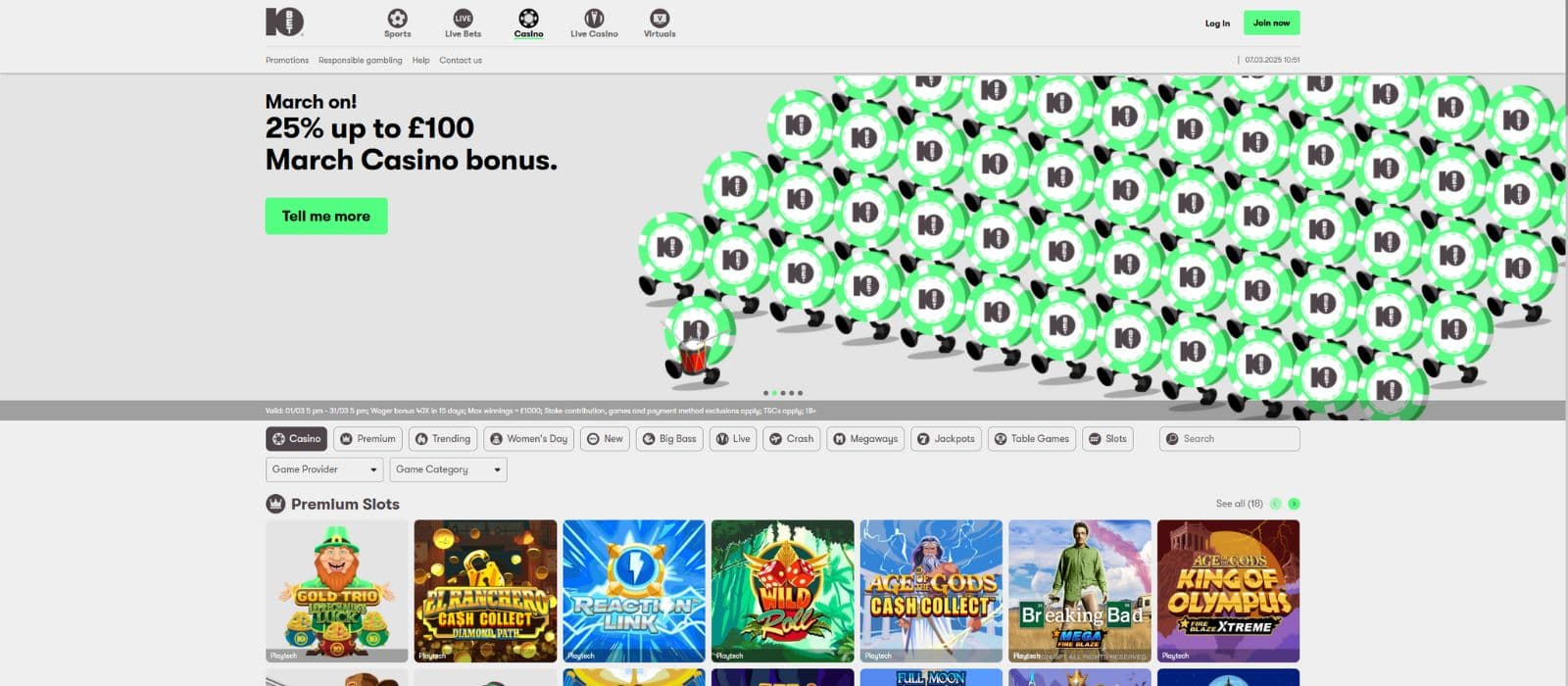 10Bet Casino landing page with a promotion banner, game categories, and some of the most popular slots. 