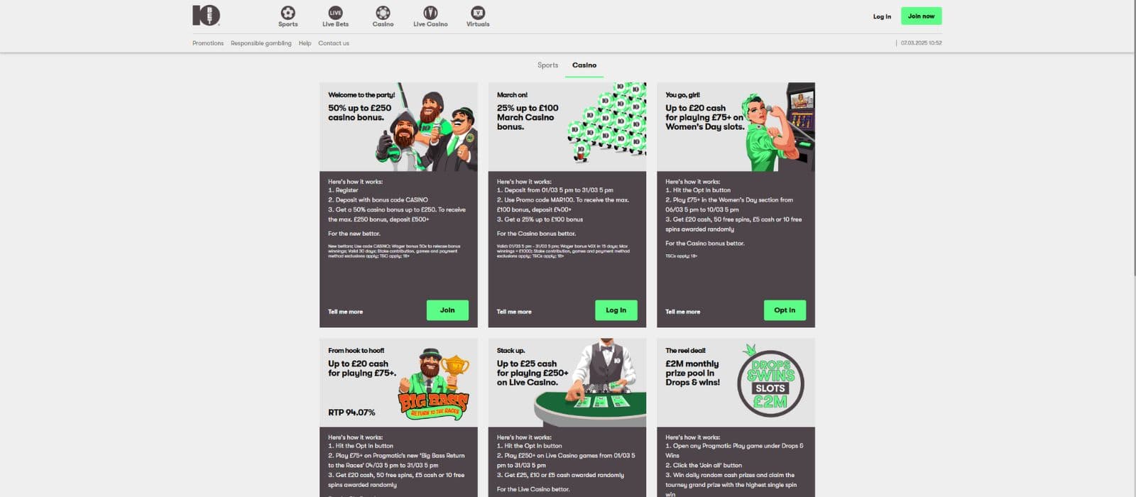 10Bet Casino promotions page showing the available welcome bonus and other casino promotions. 