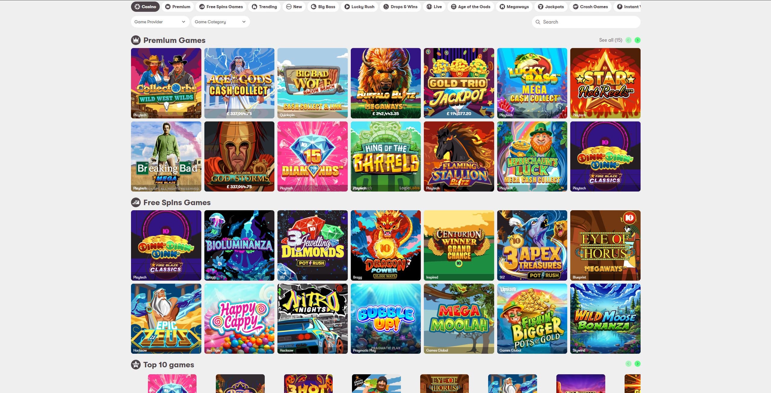 10Bet Games Page showing a selection of slot games