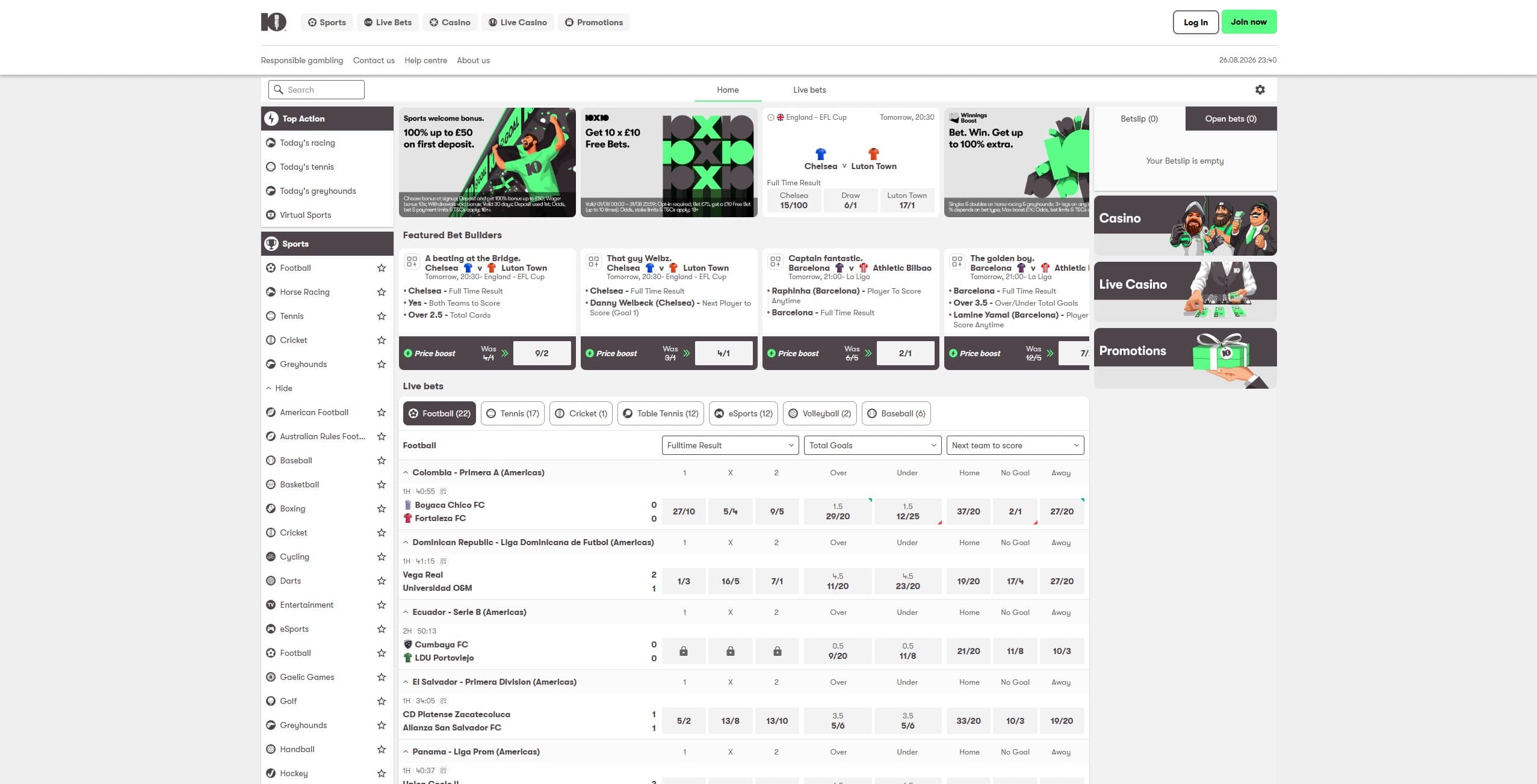 10Bet Landing Page showing the sportsbook and a selection of betting markets as well as the main menu
