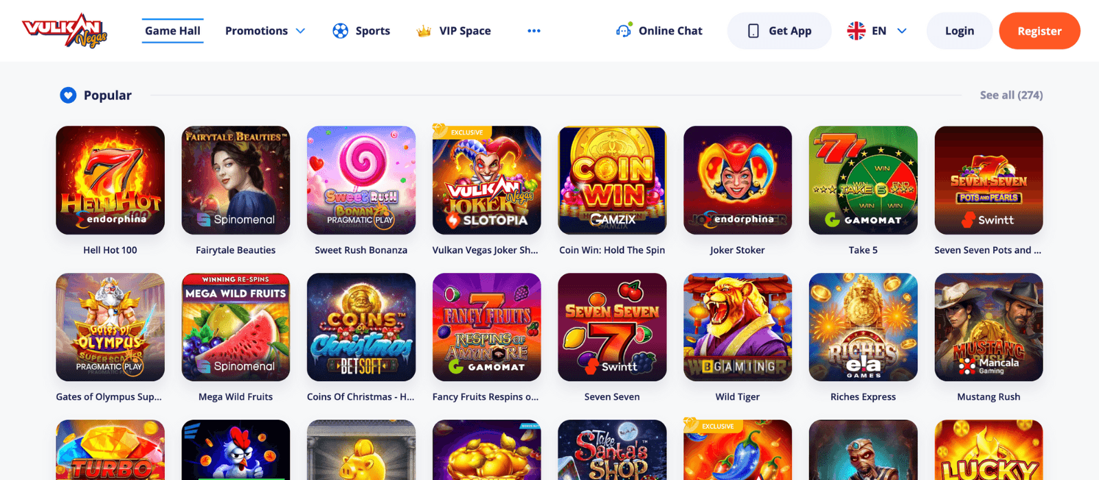 Selection of popular games on Vulkas Vegas