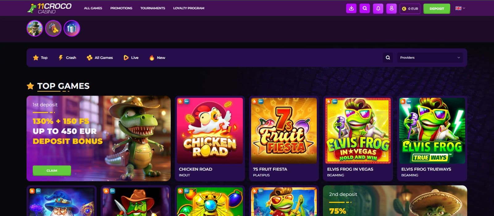 11 Croco Casino landing page showing a selection of games, and different menus on the website