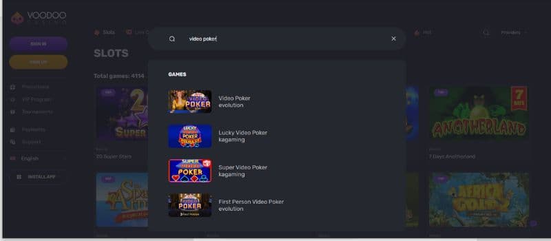 Search result for video poker is shown.