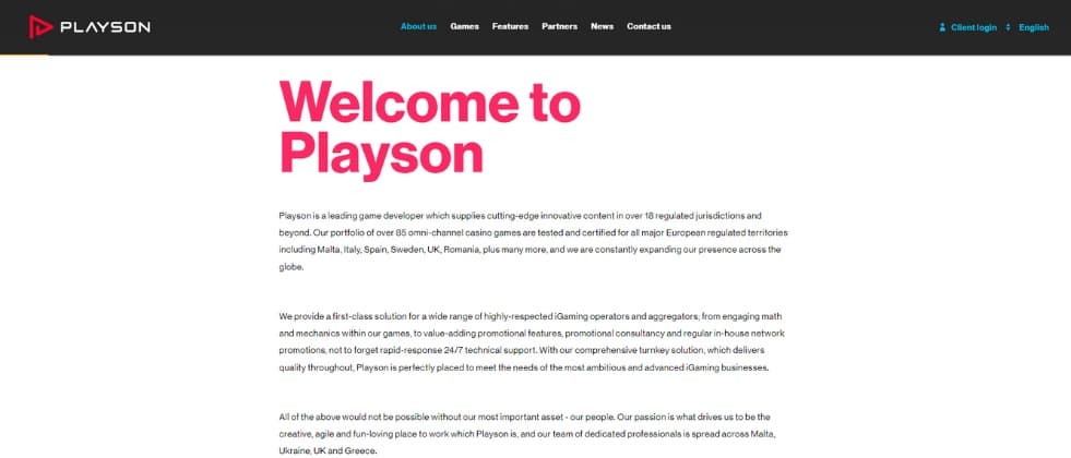 An image of Playson's "about us" page