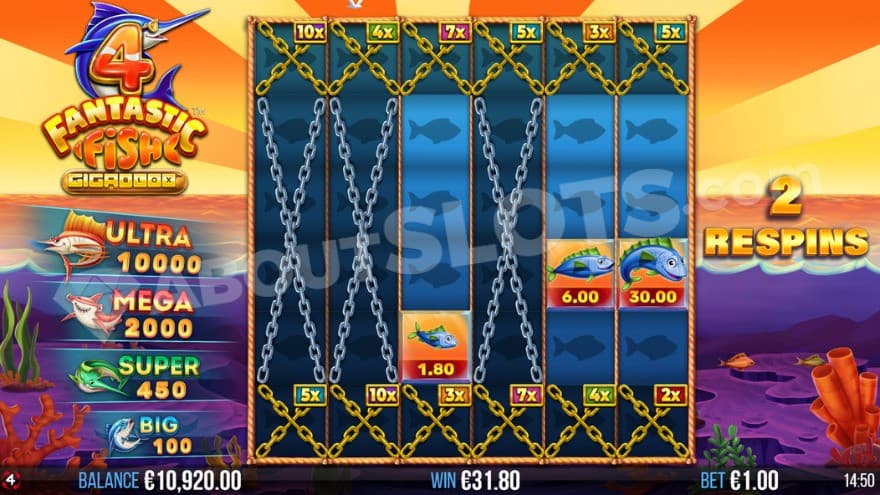 Fishing Respins Bonus with two respins remaining.