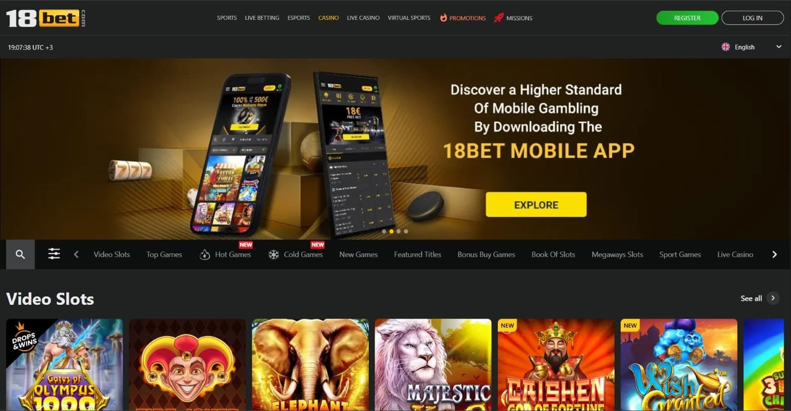 18bet Casino landing page featuring the mobile app  with the latest video slots 