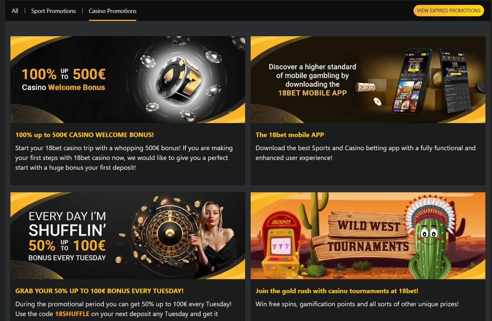 18bet Casino promotions page featuring welcome casino, mobile app, reload bonus and tournaments