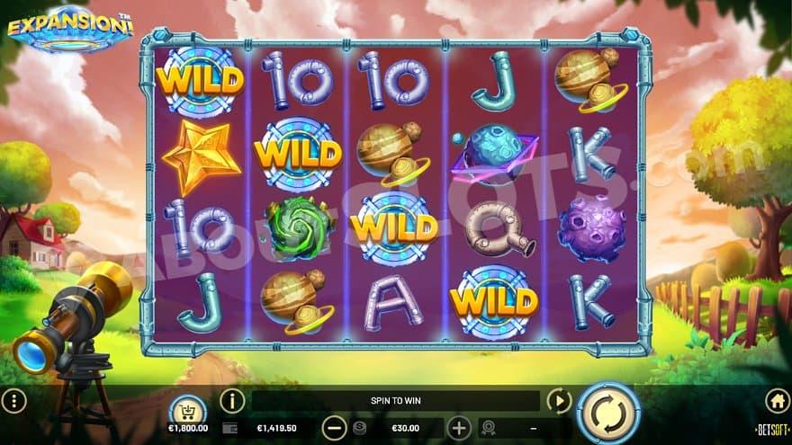 Five reels in an open landscape with a telescope in the bottom left corner.