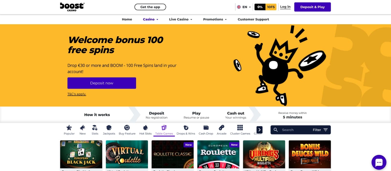 Boost Casino homepage showing modern layout, featured slot games and clean minimalist design