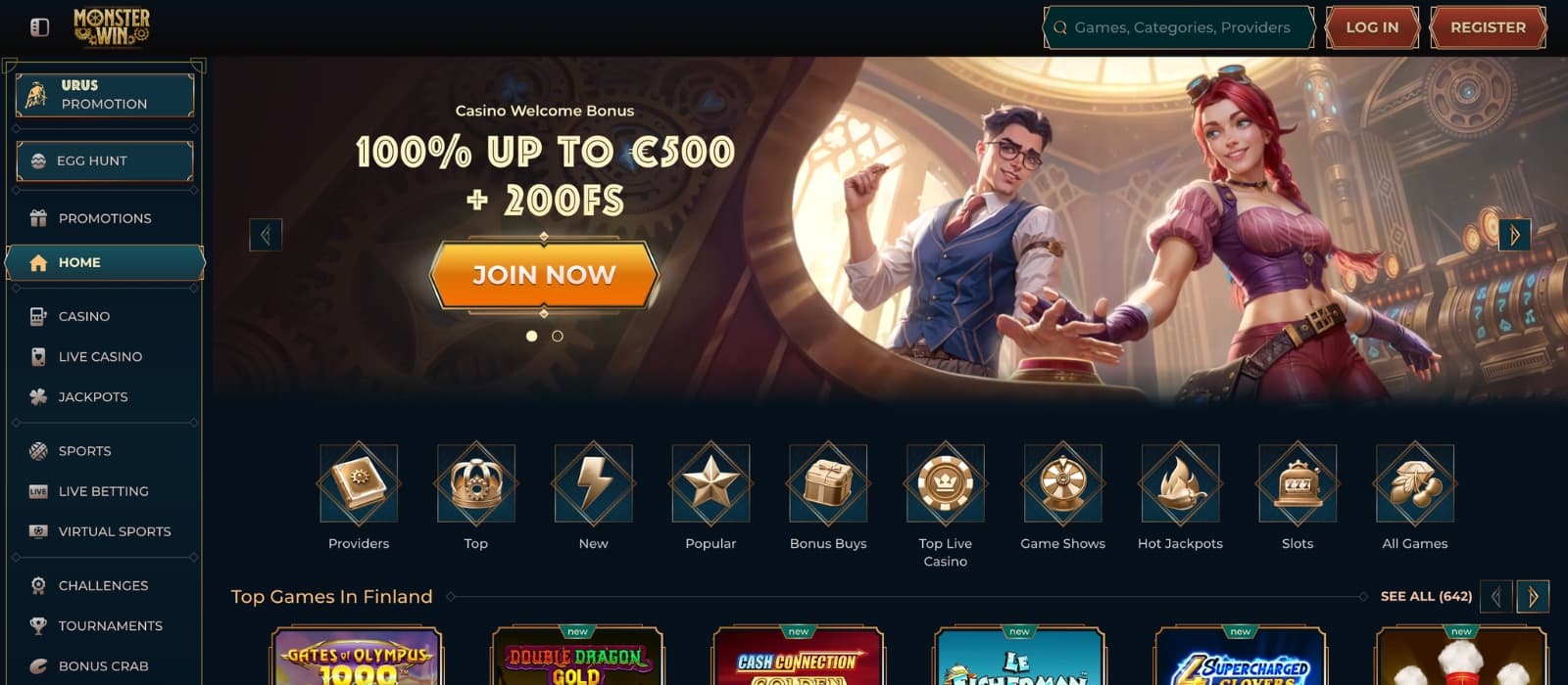 MonsterWin casino homepage with promotional banners and featured slot games