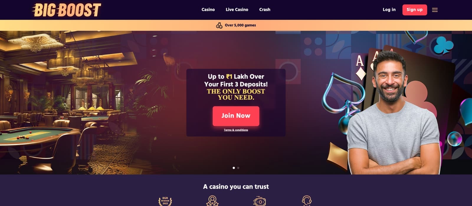 BigBoost Casino homepage showing welcome bonus banner, featured slots and navigation menu