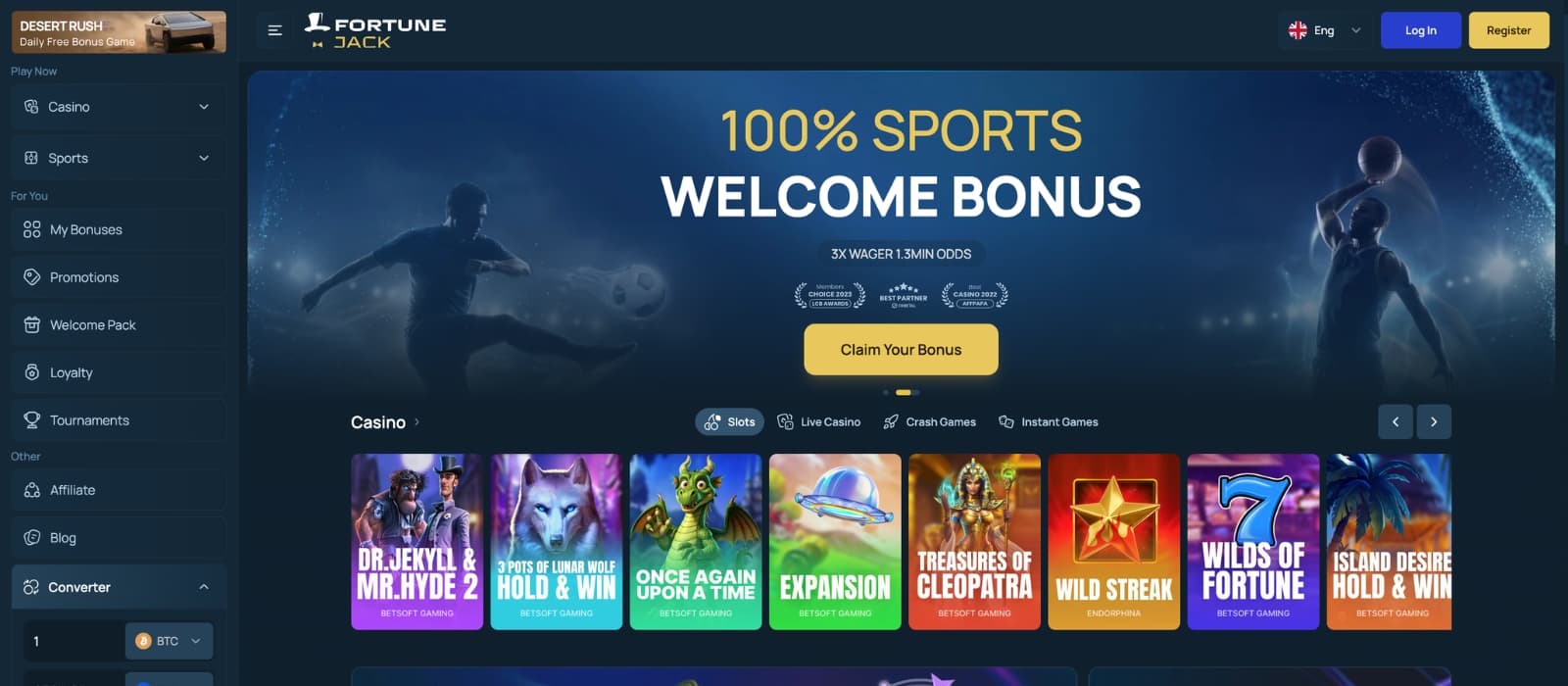 FortuneJack Casino homepage showing crypto welcome bonus banner, sportsbook menu and featured slot games