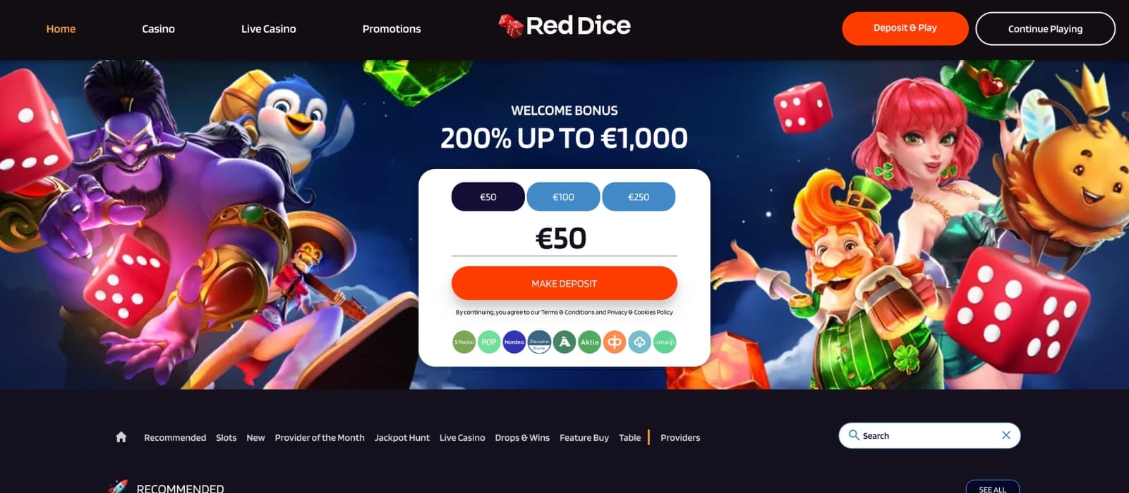 Red Dice Casino homepage showing welcome bonus banner, navigation menu and featured slot games