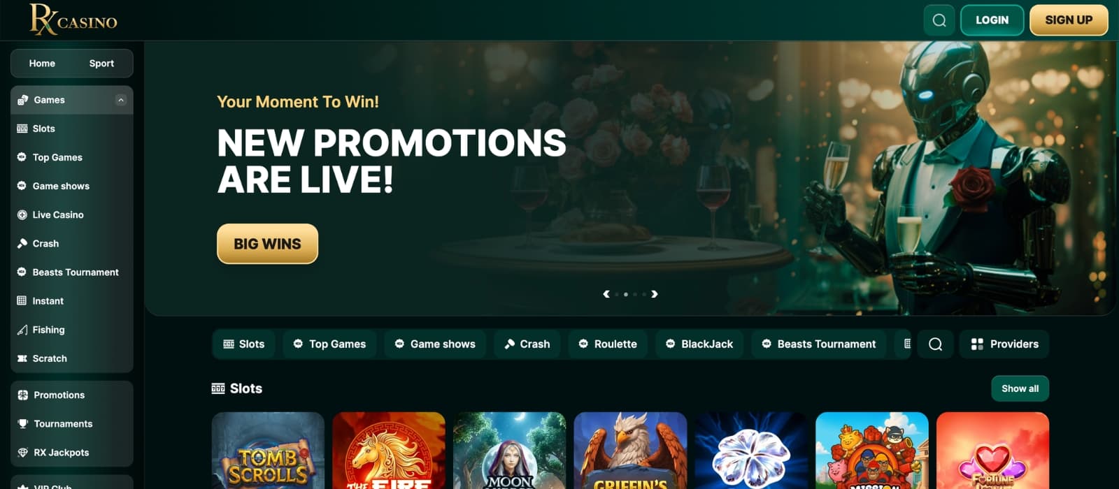 RX Casino homepage showing welcome bonus banner, featured games and navigation menu