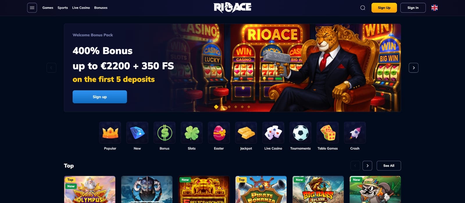 RioAce Casino homepage showing welcome bonus banner, featured slot games and modern dark interface