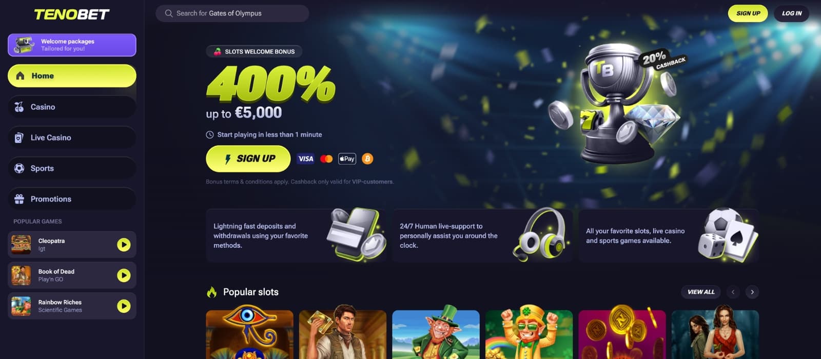 Tenobet Casino homepage showing welcome bonus promotion, navigation menu and featured casino games