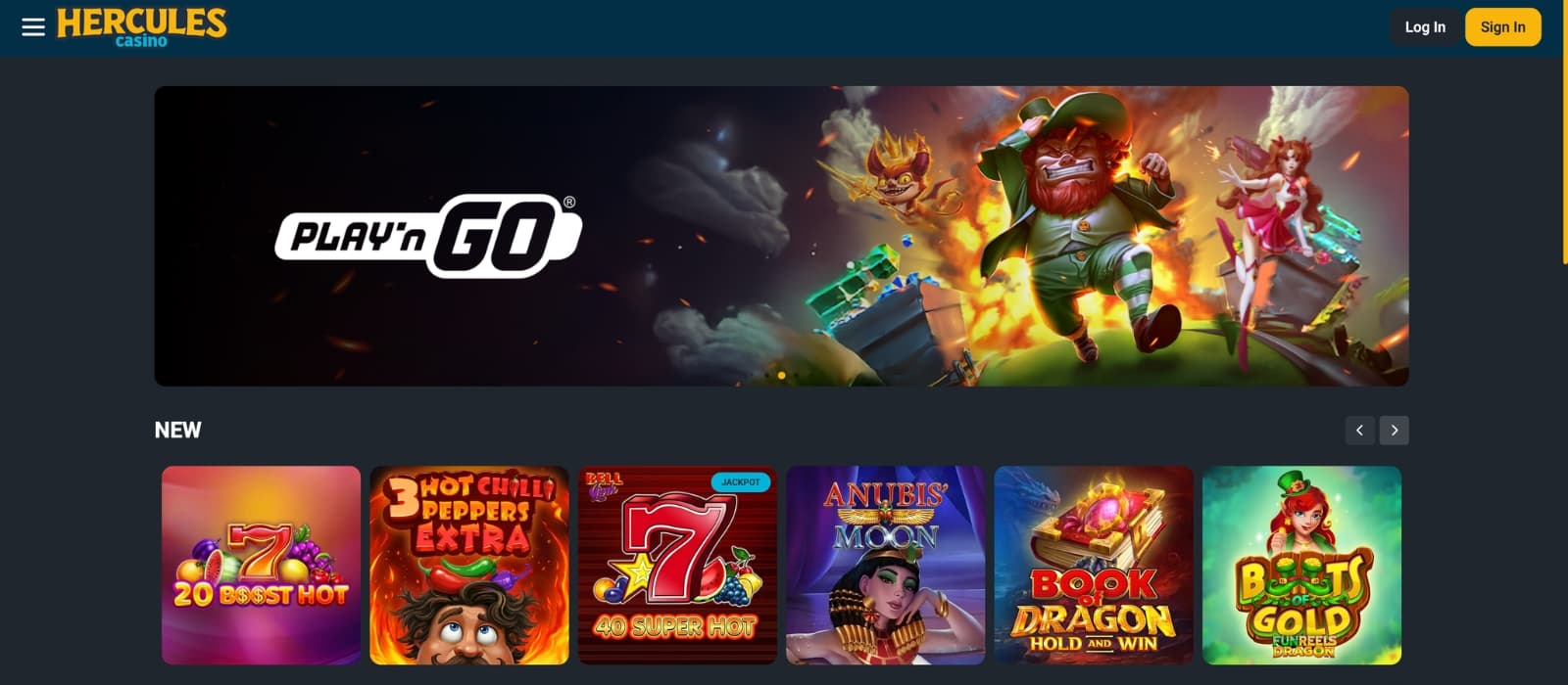 Hercules Casino homepage with welcome bonus banners, featured slots and navigation menu