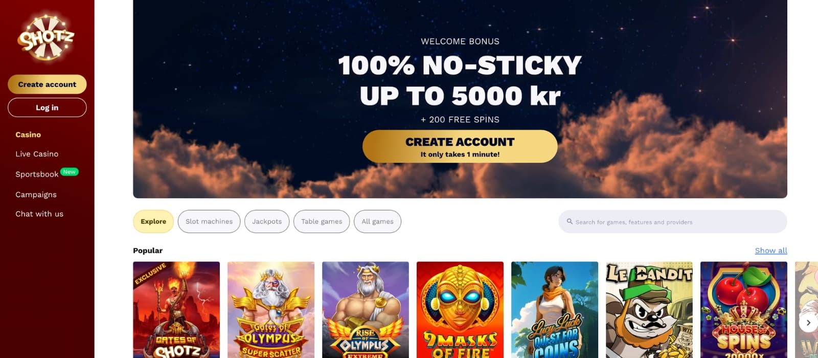 Front page of Rabona showing current promotions and game categories