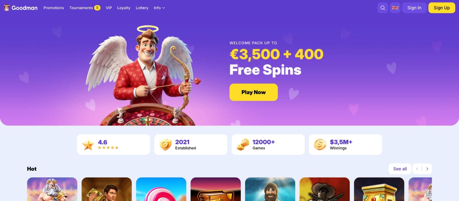 Landing screen of Goodman Casino featuring banners and play options