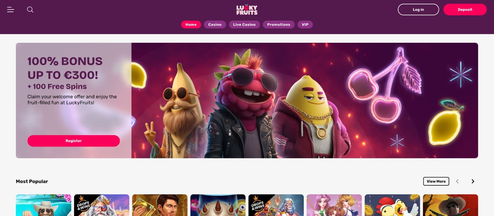 LuckyFruits Casino homepage showing fruit-themed design, welcome bonus banner and featured slot games