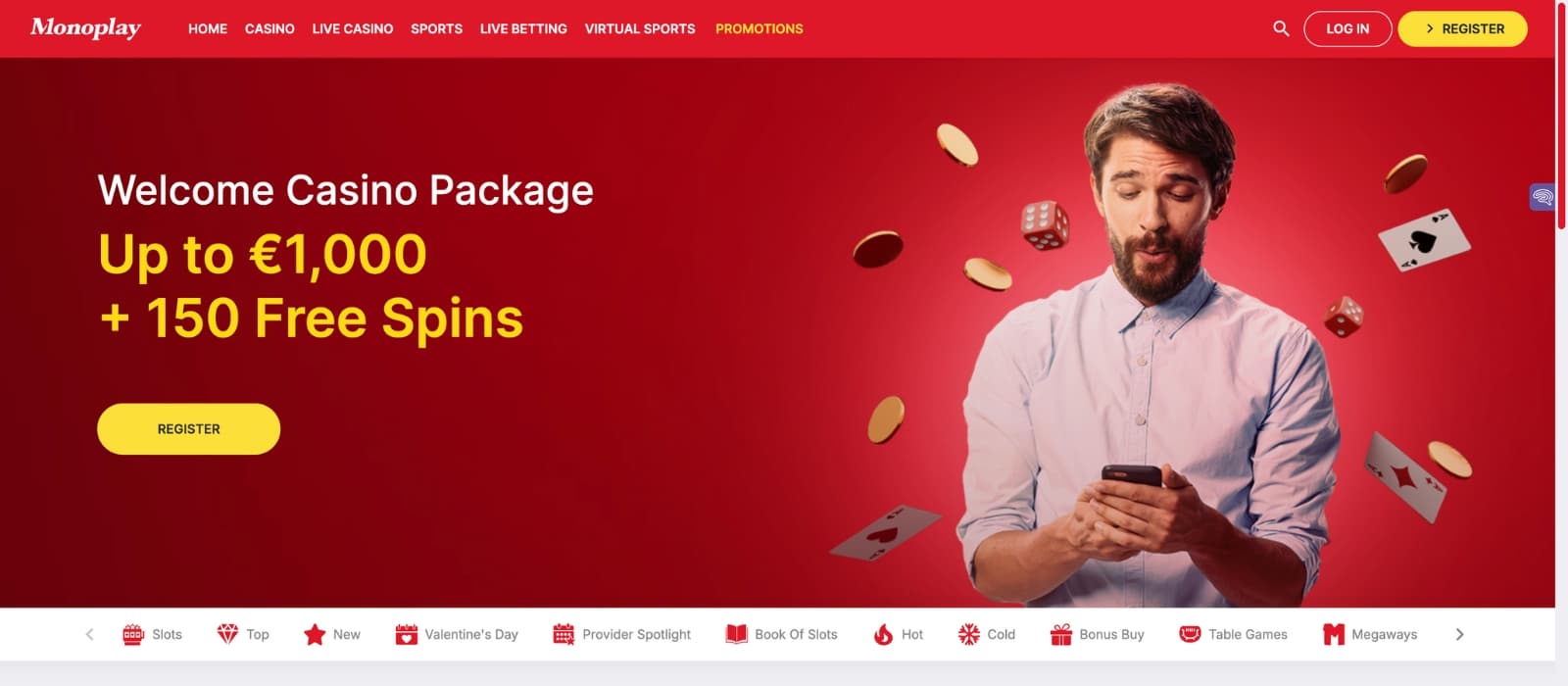 MonoPlay Casino front page showing featured promotions and main navigation