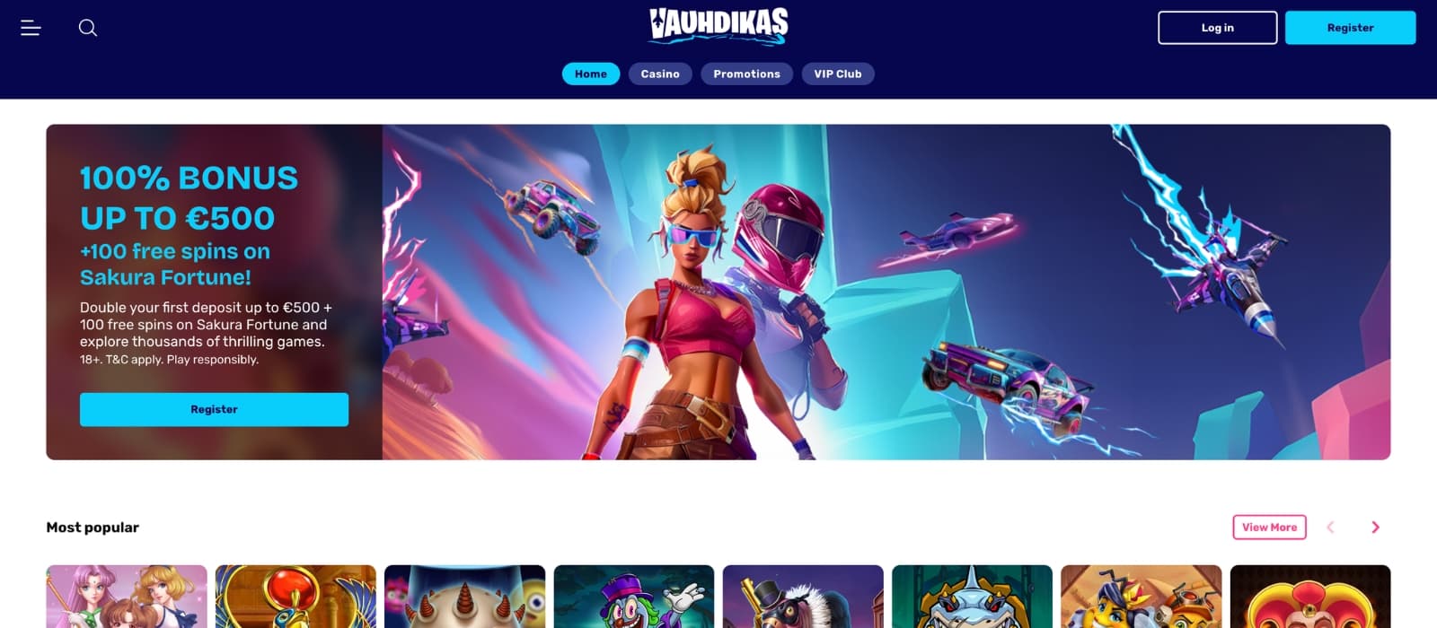 Vauhdikas Casino homepage showing clean Nordic design, welcome offer and featured slot games