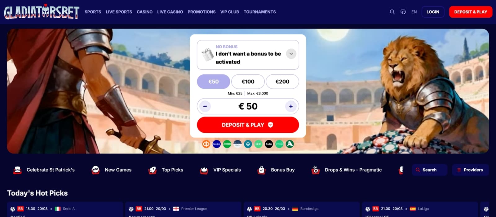 GladiatorsBet casino homepage with gladiator-themed design, sportsbook and casino sections