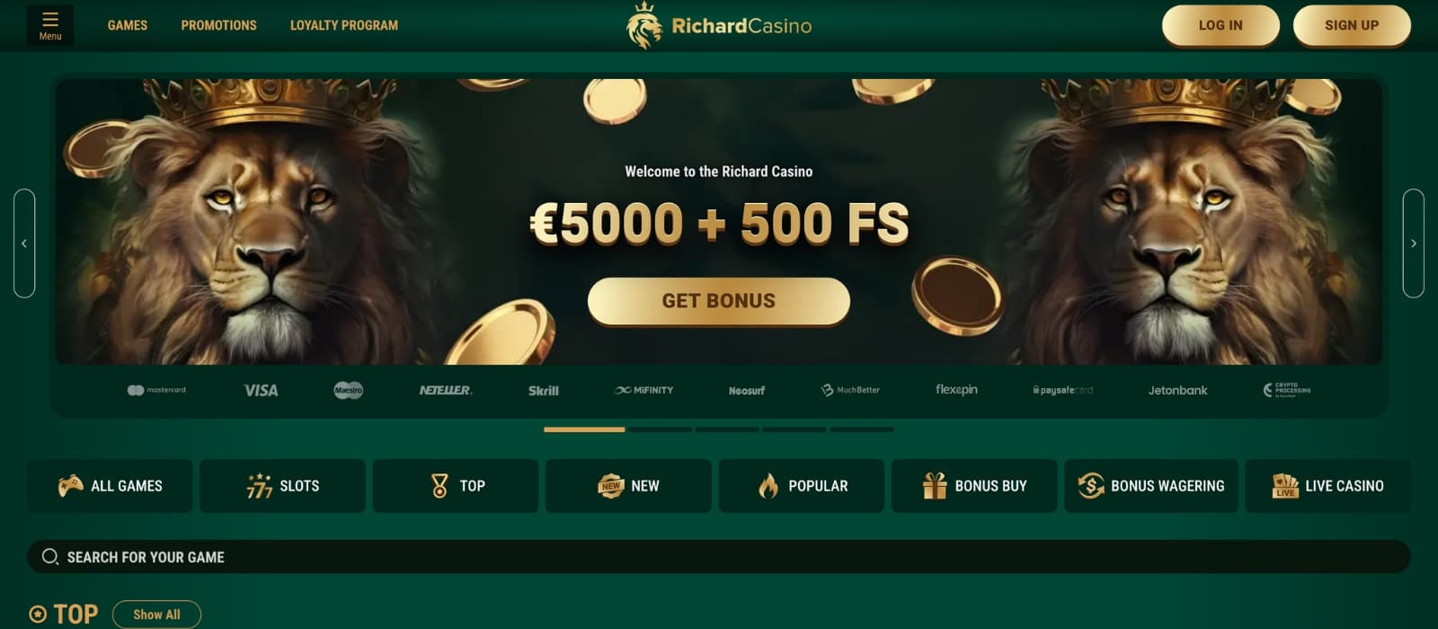 Richard Casino homepage showing welcome bonus banner and featured slot games