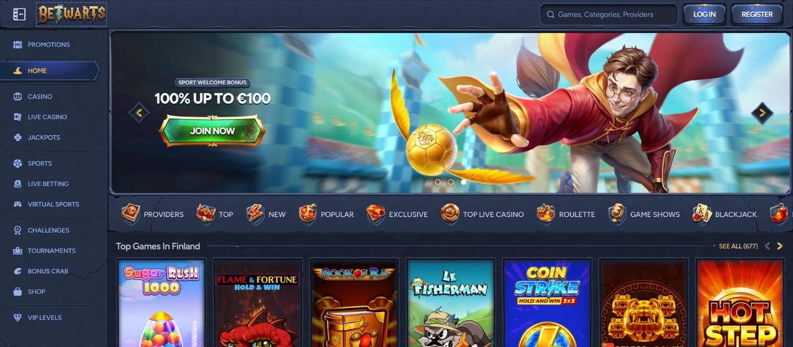 Betwartz casino homepage with wizard-themed design and welcome bonus banner