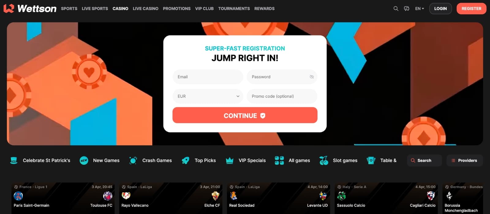 Wettson Casino homepage with welcome bonus banner and featured games