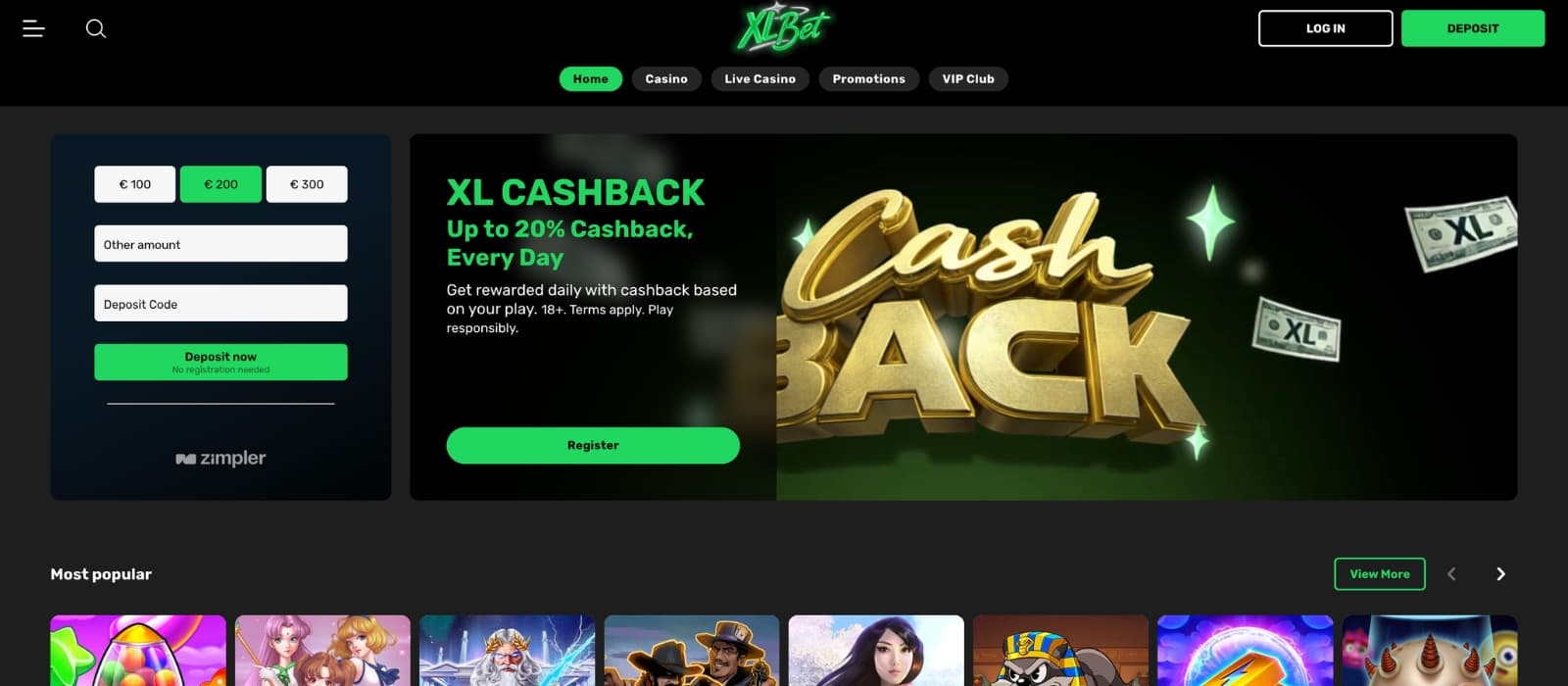 XLBet Casino homepage showing welcome bonus banner, sportsbook section and featured casino games