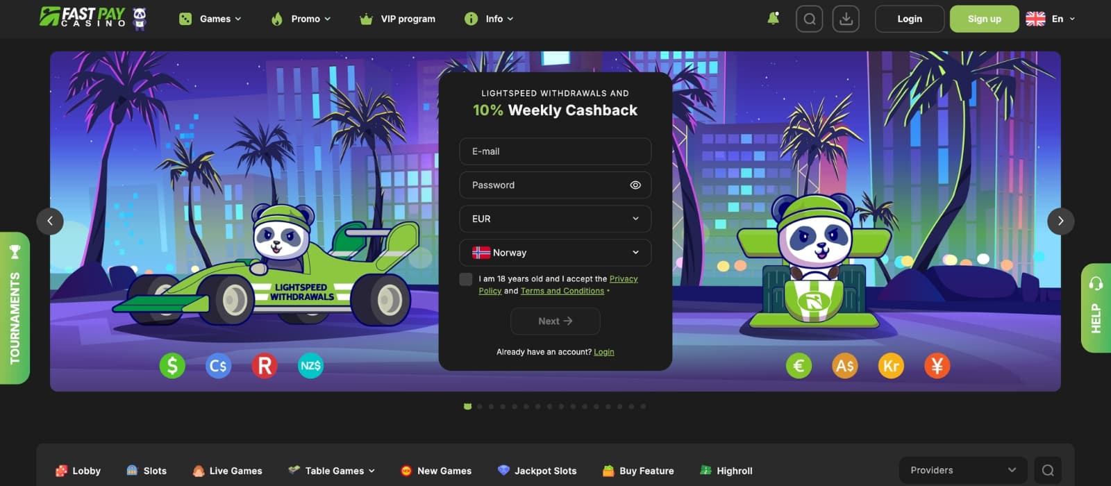 Fastbet Casino homepage showing featured promotions and navigation bar