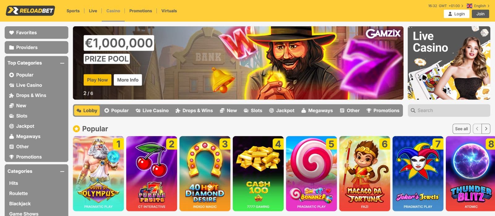 Landing page of ReloadBet showing bonus offers and casino categories